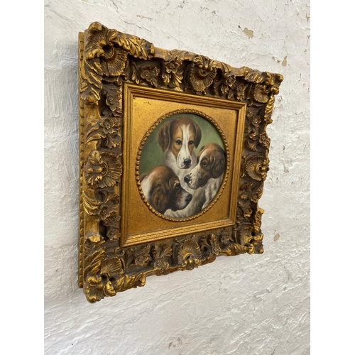 290 - A late 20th century oil on board of three beagles in Rococo style gilt frame - approx. 40cm high x 4... 