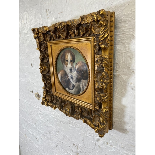 290 - A late 20th century oil on board of three beagles in Rococo style gilt frame - approx. 40cm high x 4... 