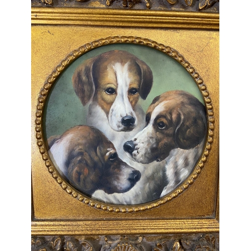 290 - A late 20th century oil on board of three beagles in Rococo style gilt frame - approx. 40cm high x 4... 