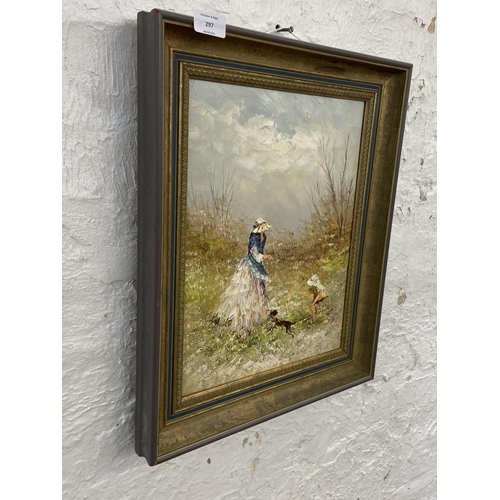 297 - A late 20th century framed acrylic on canvas of a woman, child and dog - approx. 49cm high x 40cm wi... 