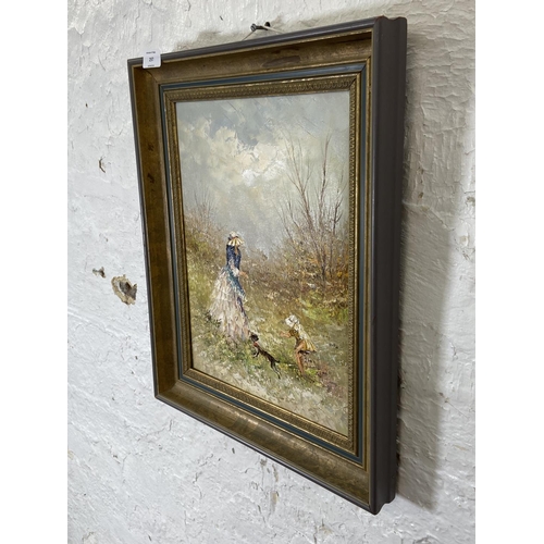 297 - A late 20th century framed acrylic on canvas of a woman, child and dog - approx. 49cm high x 40cm wi... 