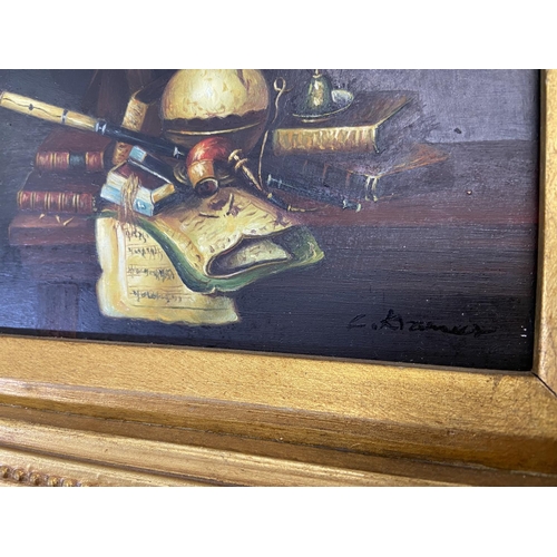 299 - A vintage gilt framed oil on board of a still life scene signed lower right - approx. 38cm high x 41... 