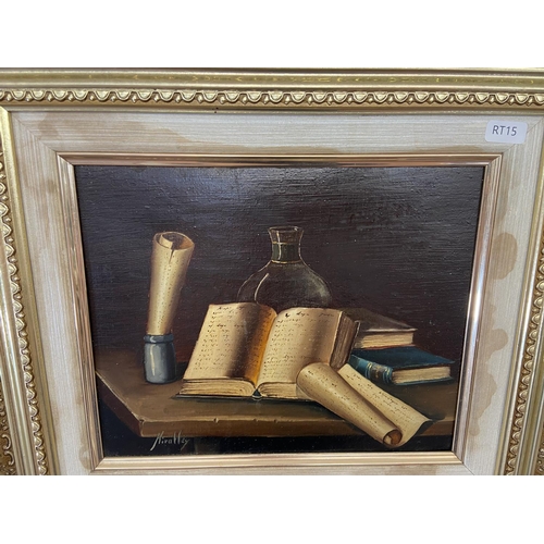 302 - A vintage gilt framed oil on board of a still life scene signed lower left - approx. 40cm high x 45c... 