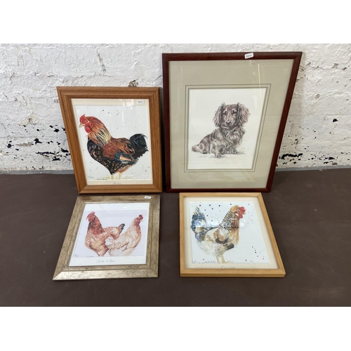 303 - A collection of framed pictures to include three limited edition prints of chickens, 19th century pr... 