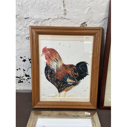 303 - A collection of framed pictures to include three limited edition prints of chickens, 19th century pr... 