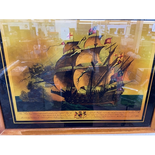 305 - A framed reverse glass print of a naval clipper ship - approx. 52cm high x 67cm wide