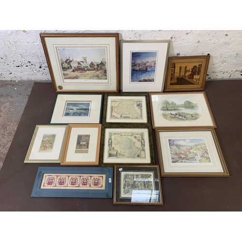 307 - A collection of pictures and prints to include framed maps of Yorkshire, Jennie Baines signed limite... 