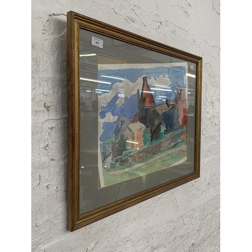 308 - A mid 20th century framed watercolour of a Staffordshire bottle kiln scene titled 'Old Burslem Canal... 