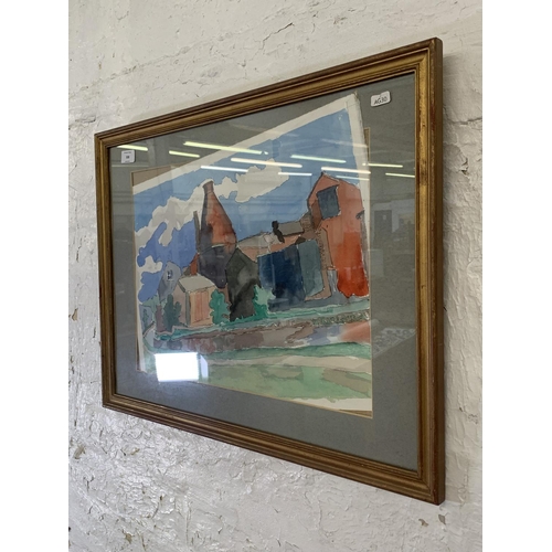 308 - A mid 20th century framed watercolour of a Staffordshire bottle kiln scene titled 'Old Burslem Canal... 