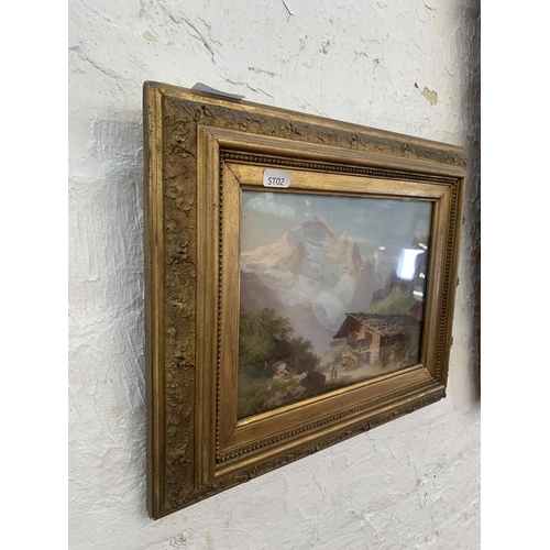 315 - An early 20th century gilt framed oil on board of a European mountain scene - approx. 32cm high x 37... 