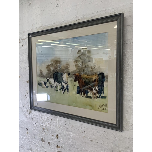 318 - A late 20th century Impressionist style F. A. Ball watercolour of cattle - approx. 65cm high x 80cm ... 