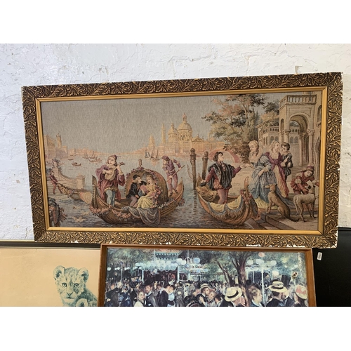 319 - A large collection of pictures and prints to include mid 20th century gilt framed tapestry of a Vene... 