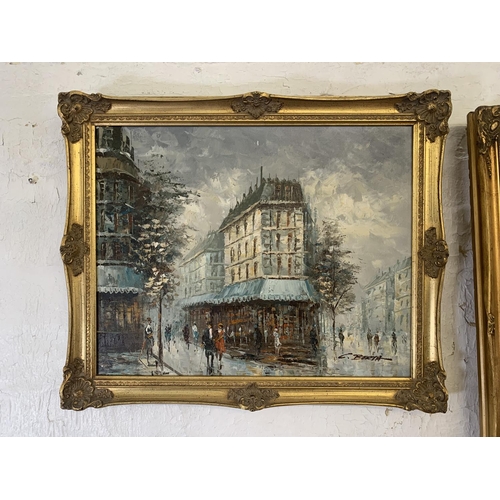 320A - Three 20th century gilt framed acrylic on canvas paintings of European street scenes - largest appro... 