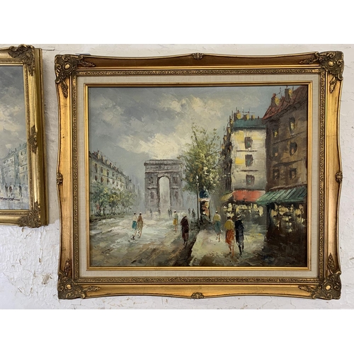 320A - Three 20th century gilt framed acrylic on canvas paintings of European street scenes - largest appro... 