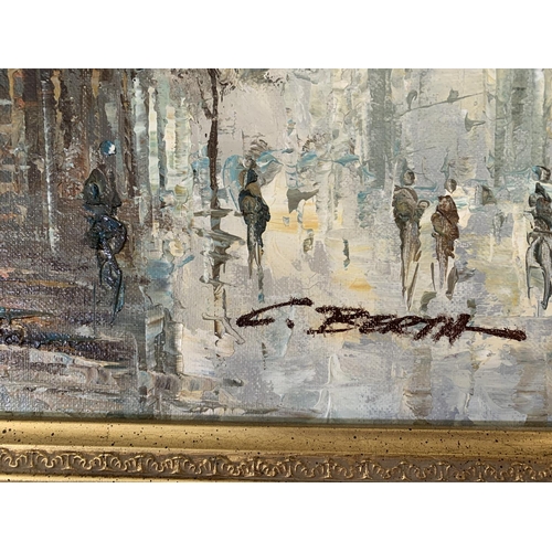 320A - Three 20th century gilt framed acrylic on canvas paintings of European street scenes - largest appro... 