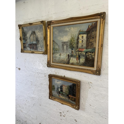 320A - Three 20th century gilt framed acrylic on canvas paintings of European street scenes - largest appro... 