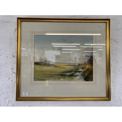 321 - A late 20th century gilt framed Impressionist style watercolour of a landscape signed lower left - a... 