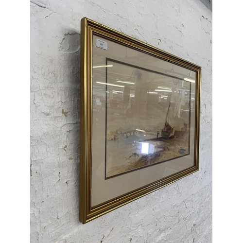 327 - An early 20th century gilt framed watercolour of a harbour scene - approx. 52cm high x 68cm wide