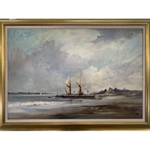 330 - A late 20th century gilt framed Ivan Taylor (b.1946) oil on board of a harbour scene - approx. 69cm ... 