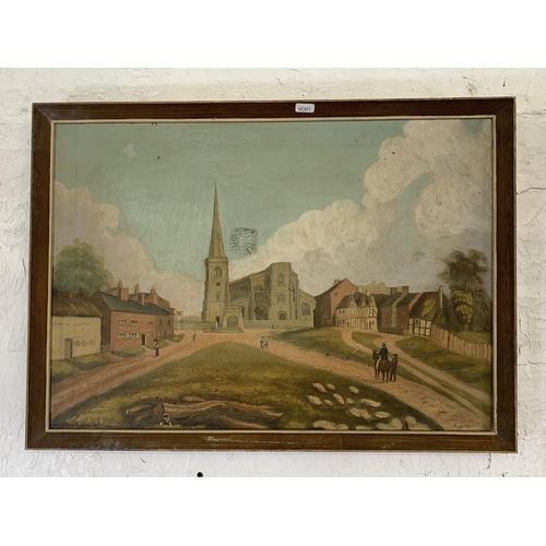 342B - Two local interest pictures, one early 20th century oil on canvas of Astbury Church and one late 20t... 