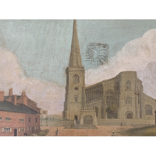 342B - Two local interest pictures, one early 20th century oil on canvas of Astbury Church and one late 20t... 