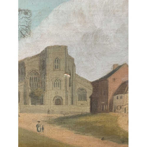 342B - Two local interest pictures, one early 20th century oil on canvas of Astbury Church and one late 20t... 