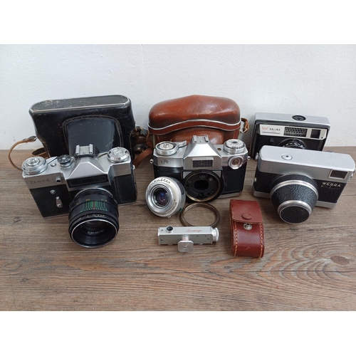 635 - Four cameras, one Carl Zeiss Werra 1 compact 35mm fitted with 2.8/50 lens, one KMZ Zenit-E 35mm SLR ... 