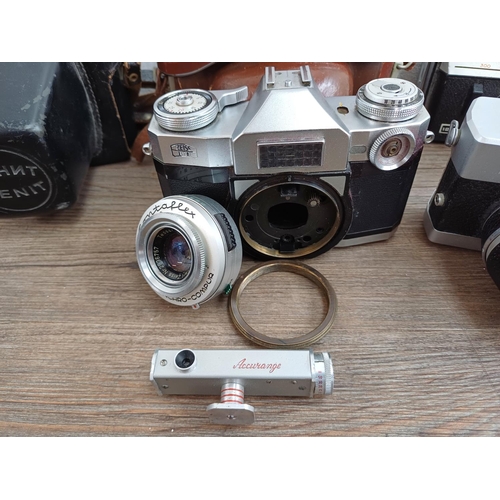 635 - Four cameras, one Carl Zeiss Werra 1 compact 35mm fitted with 2.8/50 lens, one KMZ Zenit-E 35mm SLR ... 