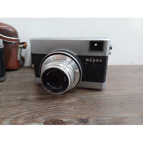 635 - Four cameras, one Carl Zeiss Werra 1 compact 35mm fitted with 2.8/50 lens, one KMZ Zenit-E 35mm SLR ... 