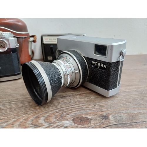 635 - Four cameras, one Carl Zeiss Werra 1 compact 35mm fitted with 2.8/50 lens, one KMZ Zenit-E 35mm SLR ... 