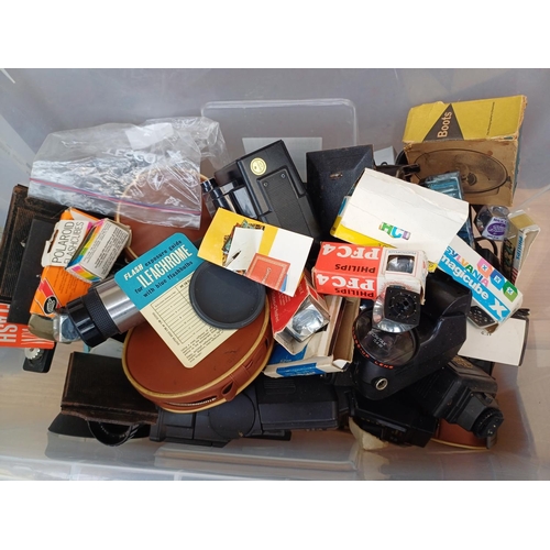 640 - Three boxes containing a large quantity of photography equipment, accessories and cameras to include... 