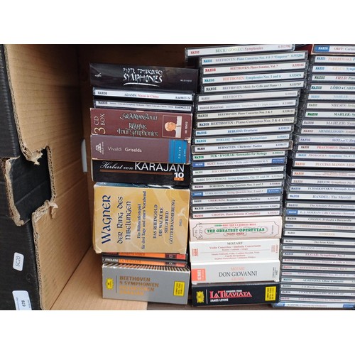 678 - Two boxes containing a large collection of classical CDs to include Wagner, Vivaldi, Beethoven, Moza... 