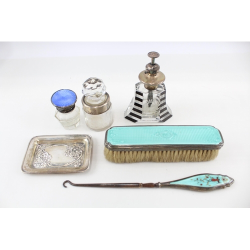 2198 - Six hallmarked sterling silver vanity items to include guilloche enamel brush, glass jar with guillo... 