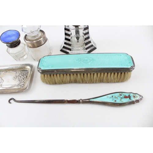 2198 - Six hallmarked sterling silver vanity items to include guilloche enamel brush, glass jar with guillo... 