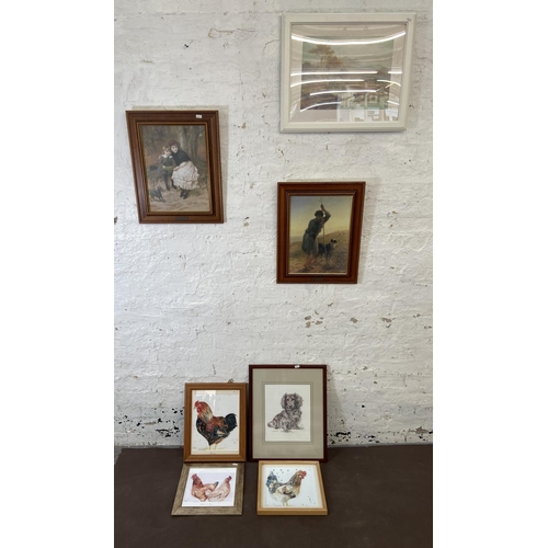 252 - A collection of framed pictures to include three limited edition prints of chickens, 19th century pr... 