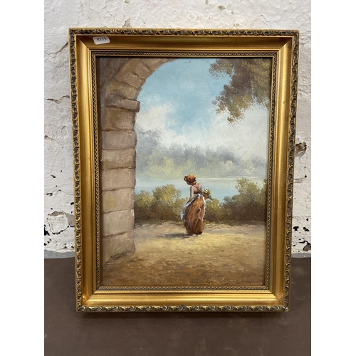 278 - A late 20th century gilt framed acrylic on canvas of a European figure by a lake signed lower left -... 