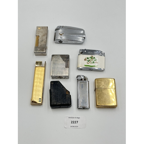 2227 - Seven cigarette lighters to include St. Dupont Paris silver plated, Dunhill, Colibri, Zippo etc.