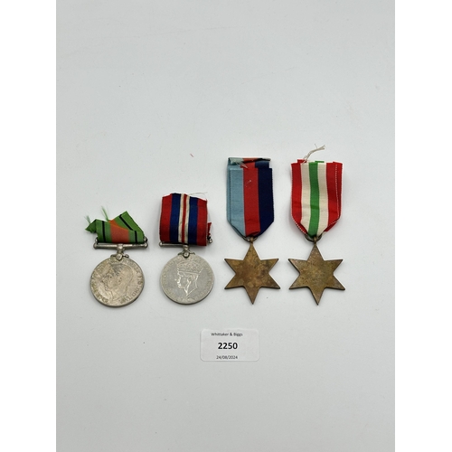 2250 - Four WWII medals, War, The Defence, The Italy Star and the 1939-1945 Star