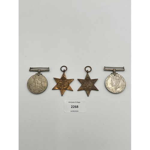 2268 - Four WWII medals, India Service 1939-45, War, The Burma Star and The 1939-1945 Star