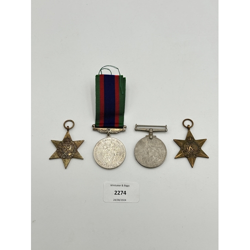 2274 - Four WWII medals, The 1939-1945 Star, War, The Burma Star and Canadian Volunteer Service