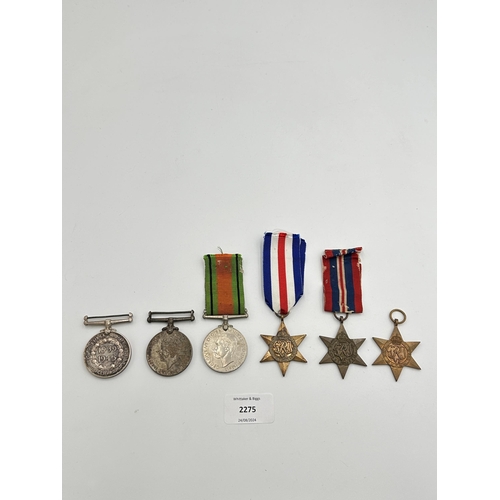 2275 - Six WWII medals, The Burma Star, The 1939-1945 Star, The Defence, The France and Germany Star, War a... 