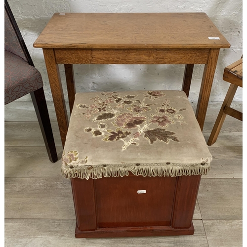 131 - Four pieces of furniture, oak side table, stained plywood and fabric upholstered storage stool, beec... 