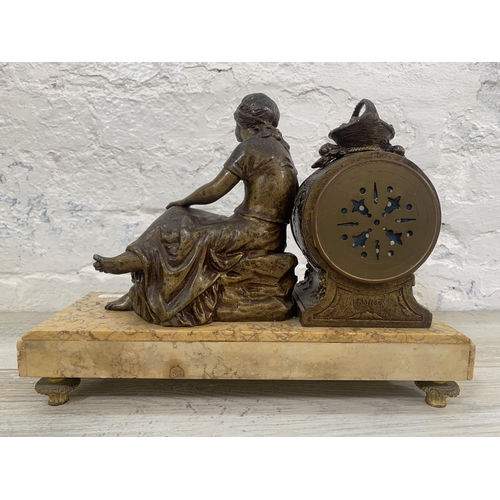 14 - A French bronzed spelter figural mantel clock on marble plinth with pendulum and key - approx. 26cm ... 