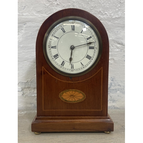 17 - An Edwardian inlaid mahogany cased arch top mantel clock - approx. 21cm high x 14cm wide x 8cm deep