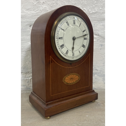 17 - An Edwardian inlaid mahogany cased arch top mantel clock - approx. 21cm high x 14cm wide x 8cm deep