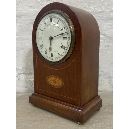 17 - An Edwardian inlaid mahogany cased arch top mantel clock - approx. 21cm high x 14cm wide x 8cm deep