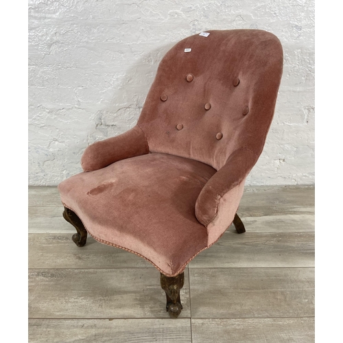 63 - A Victorian pink fabric button back upholstered bedroom chair - approx. 73cm high x 52cm wide x 50cm... 