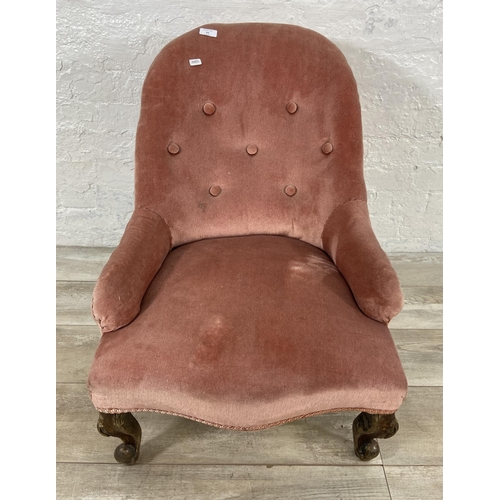 63 - A Victorian pink fabric button back upholstered bedroom chair - approx. 73cm high x 52cm wide x 50cm... 