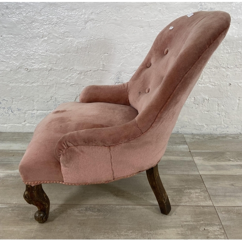 63 - A Victorian pink fabric button back upholstered bedroom chair - approx. 73cm high x 52cm wide x 50cm... 