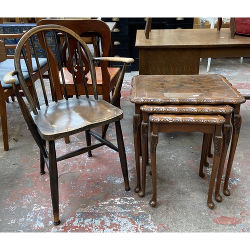 72 - Two pieces of furniture, one Ercol elm and beech carver chair and one Queen Anne style burr walnut n... 